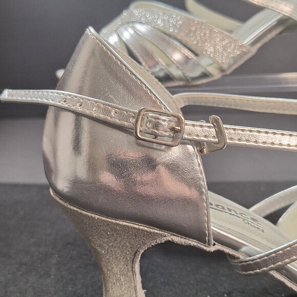 Go Go Dance Silver Glitter Leather Ballroom Dance Heels 2.5” Size 9 Suede Sole - Picture 8 of 15
